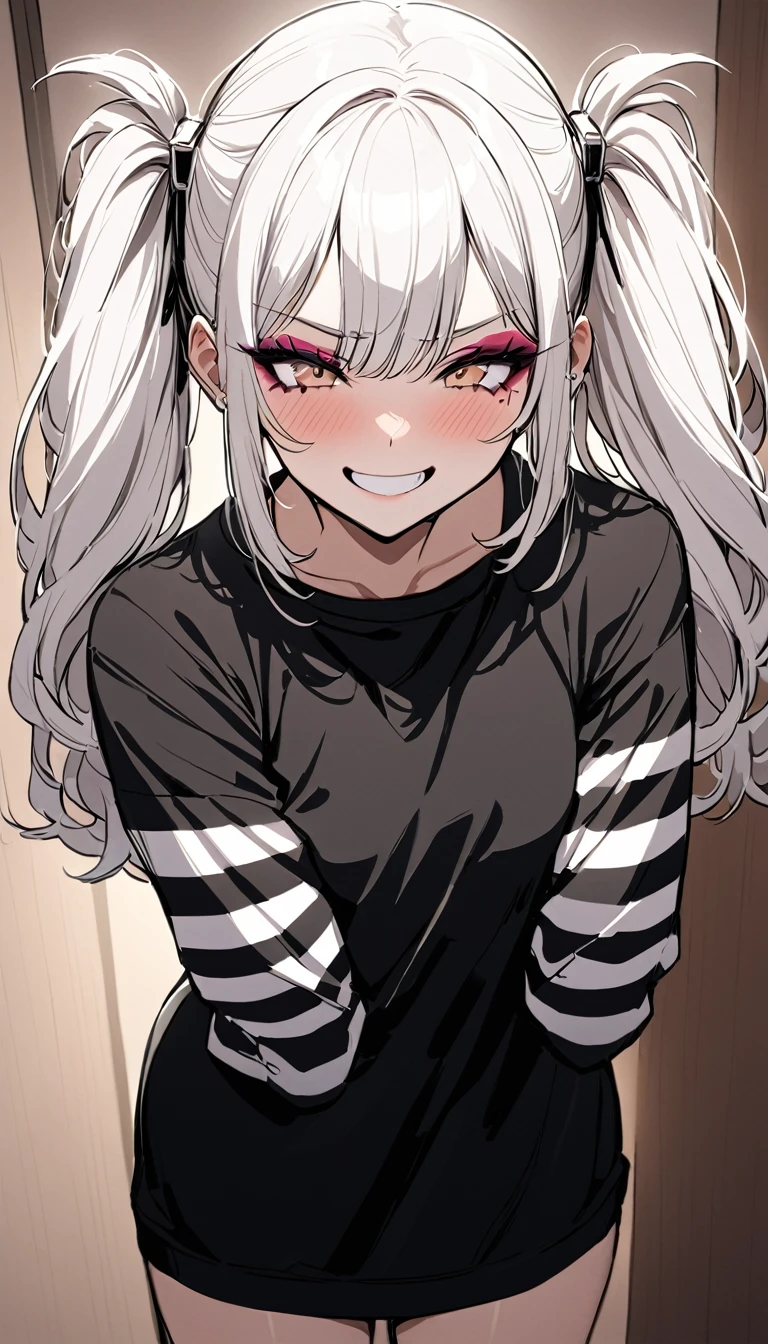 woman, Holo-Punk Style, perfect white hair, masterpiece, best quality, indoors,shy, grin, messy twintails, makeup, standing, posing, blush, black t-shirt, white striped sleeves