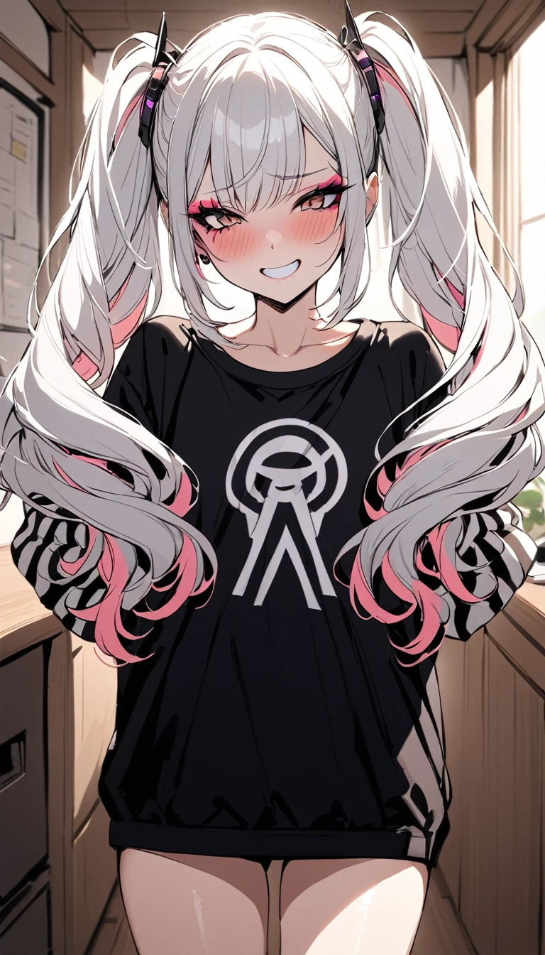 woman, Holo-Punk Style, perfect white hair, masterpiece, best quality, indoors,shy, grin, messy twintails, makeup, standing, posing, blush, black t-shirt, white striped sleeves