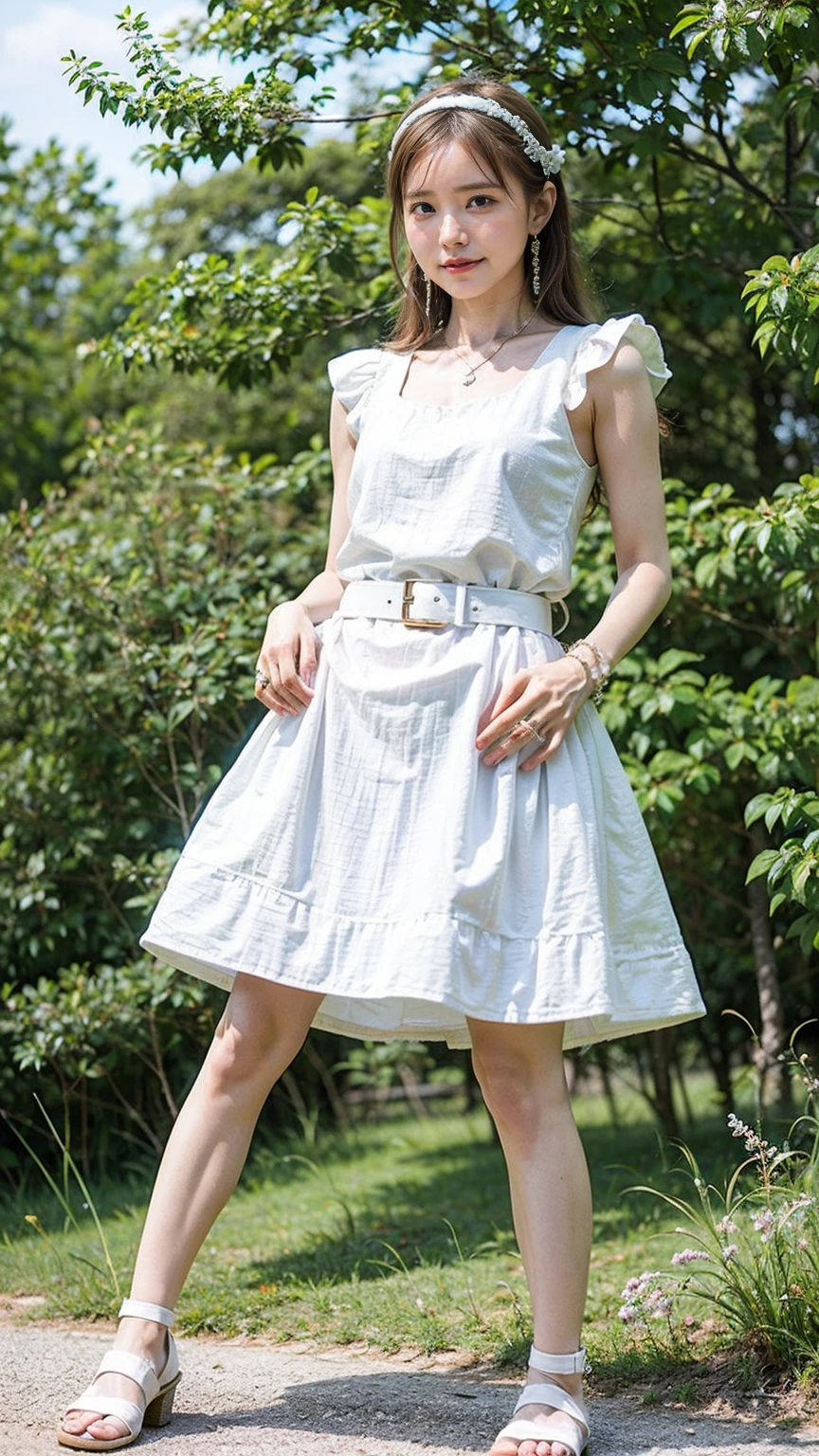 (8k、RAW Photos、highest quality、masterpiece:1.2)、(Realistic、Realistic)、1 girl、((White Dress、belt、smile、See-through、Sandals、Frills、ribbon、mini skirt、View from the front、in the forest、whole body、Standing with hands on hips))、Lots of eyelashes、Glowing eyelids、skeletally correct