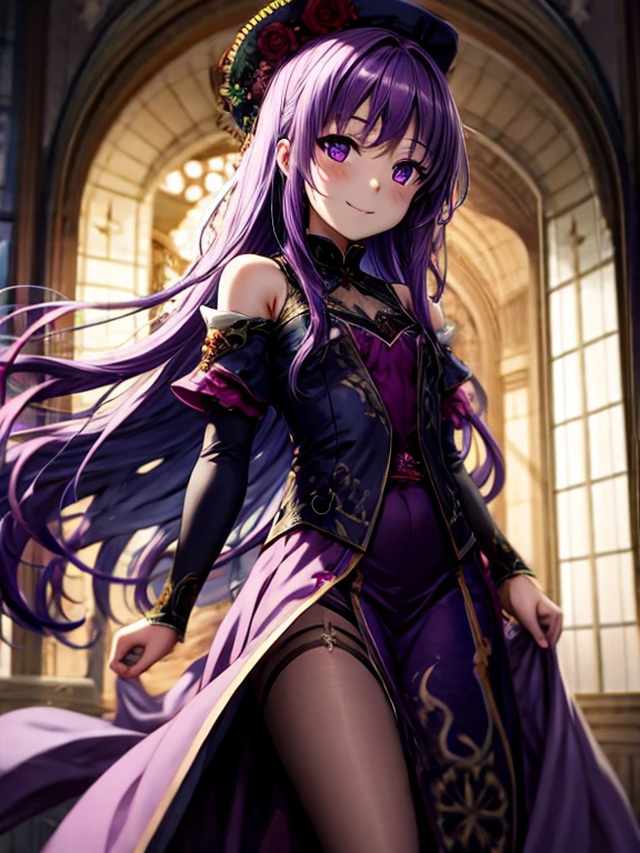 (White Background:1.5)One girl laughing out loud, Beautiful and detailed, Purple long hair, Pale purple eyes, Princess Dress, Side Shot, (null:1.3), Impressionism