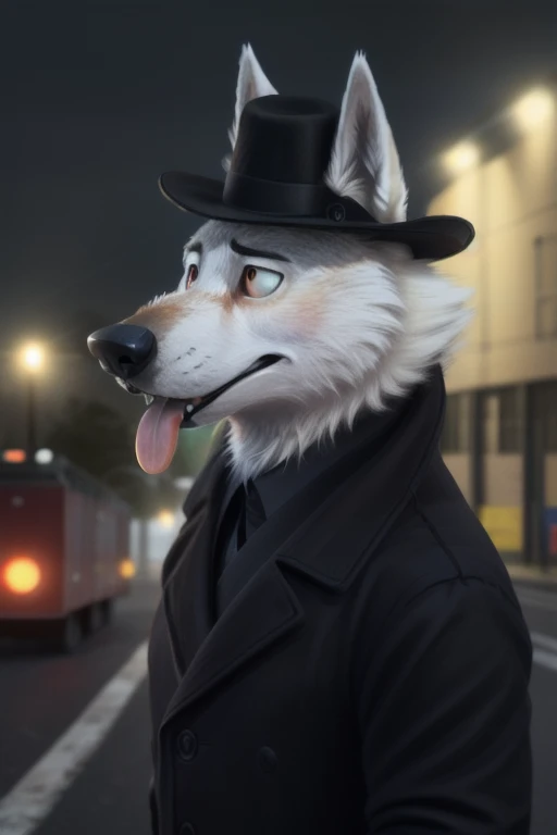 cute cartoon of a (gary \(zootopia\)) using Dor-15 bowler hat with a robotic red eye on the front, wearing black worker uniform, solo, wolf, white fur, tongue out, full body image, BREAK, industrial factory with dark green polluted sky background, (intricate, high detail, film photography, soft focus, RAW candid cinema, photorealism, realistic, photorealistic, analog style, subsurface scattering, masterpiece, best quality, ultra realistic, 8k), profile picture