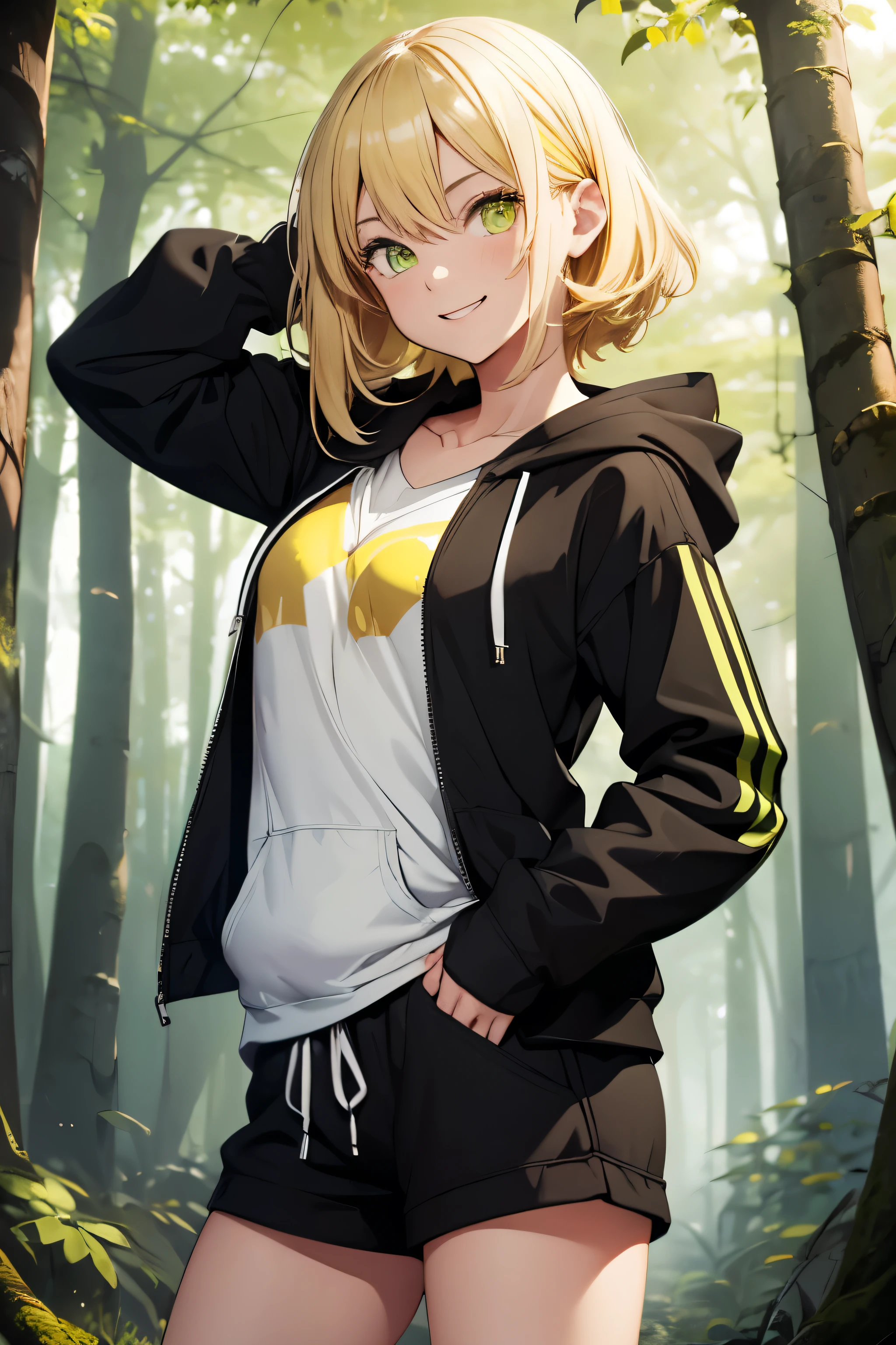 1girl, ((yellow green eyes)), black hoodie, short pants, cute girl, (detailed face), full body,  blonde  hair, forest bakcground, ( chest), smiling