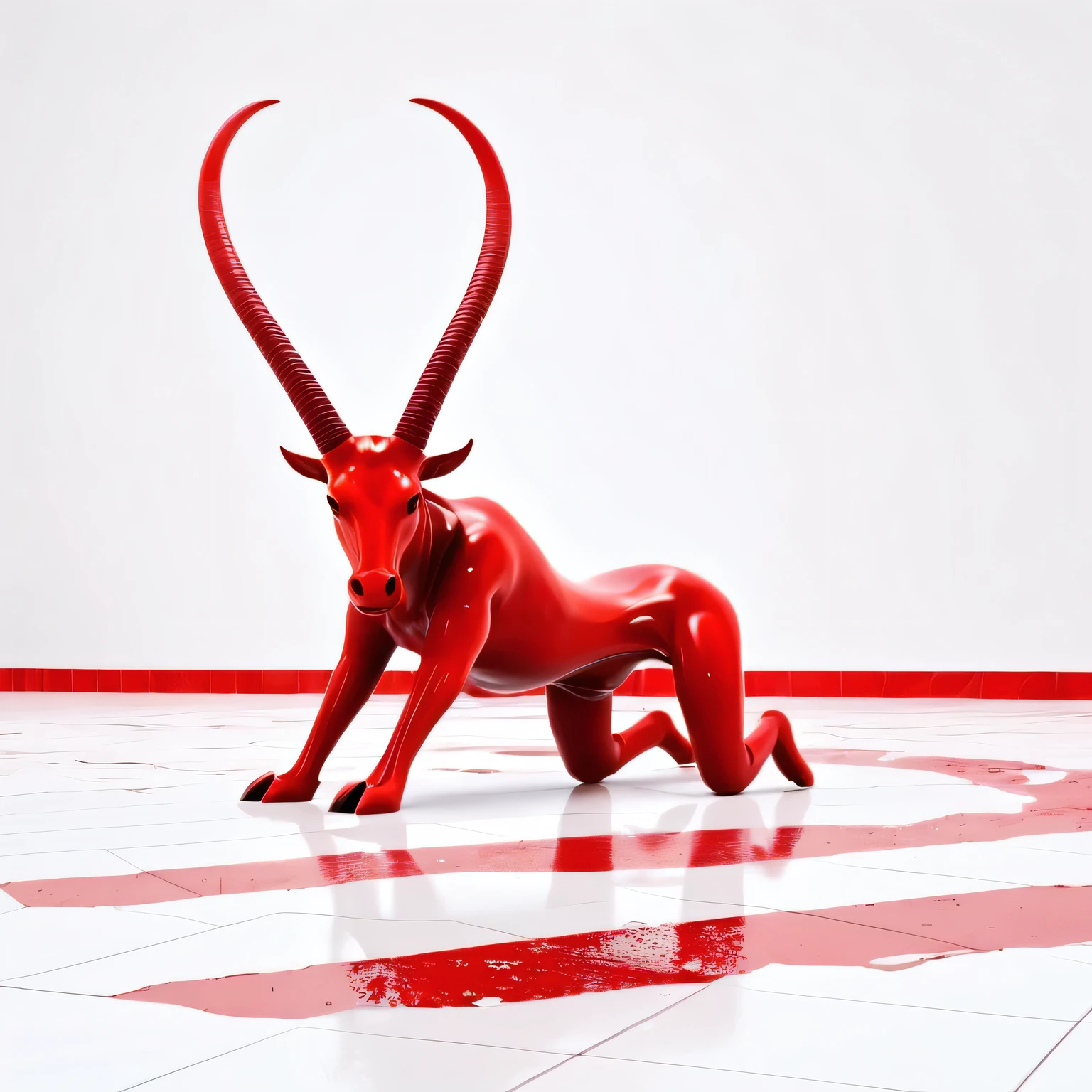 A strange and bizarre No arm and no leg disgusting being with plastic texture with horns on a white background 3d In a distorted background and red paint on the floor running down and things decaying 3d plastic