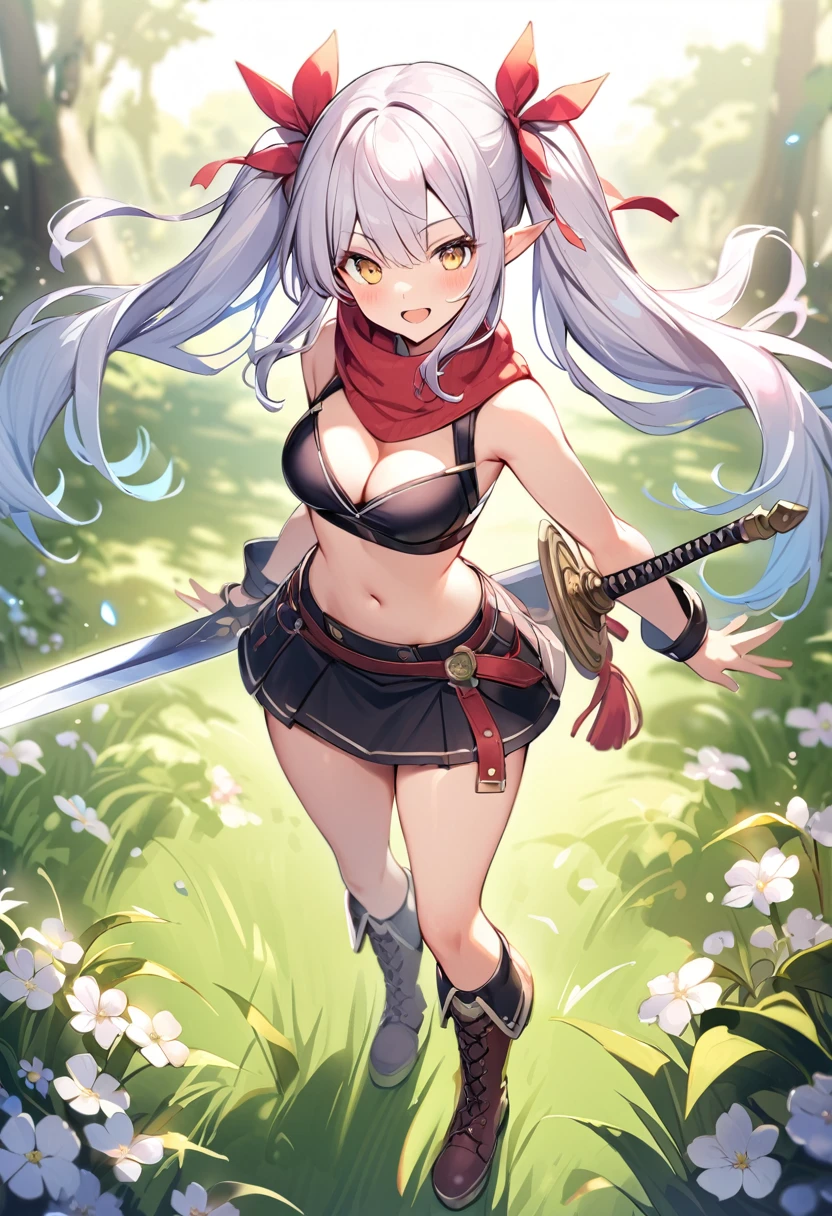 (masutepiece, Best Quality), 1girl, breasts, pointy-ears, weapon, flower, hair-ornament, cleavage, hair-flower, twintails, open-mouth, goblin girl, smile, skirt, great-sword-weapon, boots, blush, (((green-skin))), looking-at-viewer, medium-breasts, holding, standing, yellow-eyes, ribbon, holding-weapon, full-body, navel, brown-eyes, white-hair, bare-shoulders, solo, bangs, grass long-hair, jewelry, scarf, hair-ribbon, hair-between-eyes, ((short skirt)) (((great-sword)))