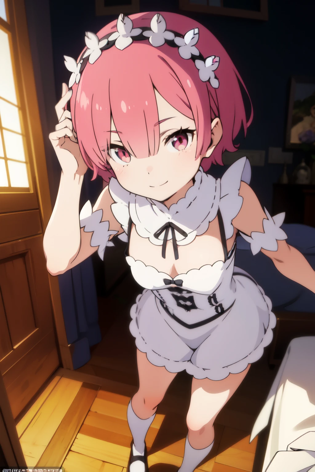 Anime background art, bottom of room, one bed, standing, beautiful anime scenes, 4K anime art wallpaper, 4k anime art wallpaper, Rosla global illumination, anime girl, 1 girl, LORA similar, best quality, detailed, alone, looking at the viewer, mouth closed, smile, short hair, flower headbands, hair accessories, definition in the eye, right eye covered by hair, perfect face, perfect hair, pink hair, pink eyes, maid costume, naked, showing her vagina, perfect vagina, legs open, open vagina.