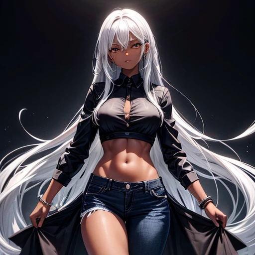 A woman with medium-long silver hair and dark skin wearing a black dress shirt and slim jeans Belly button showing Spread your legs