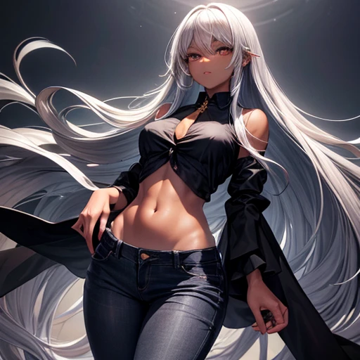 A woman with medium-long silver hair and dark skin wearing a black dress shirt and slim jeans Belly button showing Spread your legs