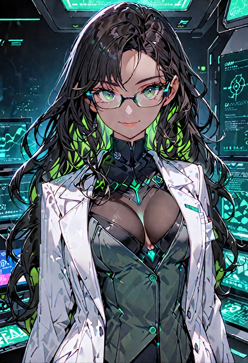 deep oceanic green eyes, holographic displays, dark chestnut hair, long hair, wavy hair, olive skin, voluptuous figure, tailored suits, exuding confidence and control, solo, female, sfw, medium shot, lab, futuristic, gentle smile, low light, black glasses, thin rimmed glasses, white lab coat, cleavage:0.3