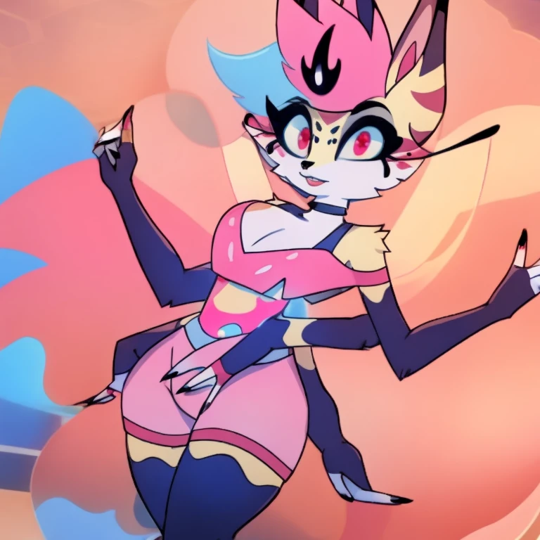 Queen Bee (Helluva Boss), 1girl, you anthro, humanoid, long liquid honey hair, multicolored hair (blue and pink), four arms, tail, long eyelashes, yellow fur, long ears, red eyes, fairy wings, fox, detailed eyes, furry, pink clothes, perfect anatomy, light pink shorts, black stockings, pink sholder crop-tops, black low-cut bra