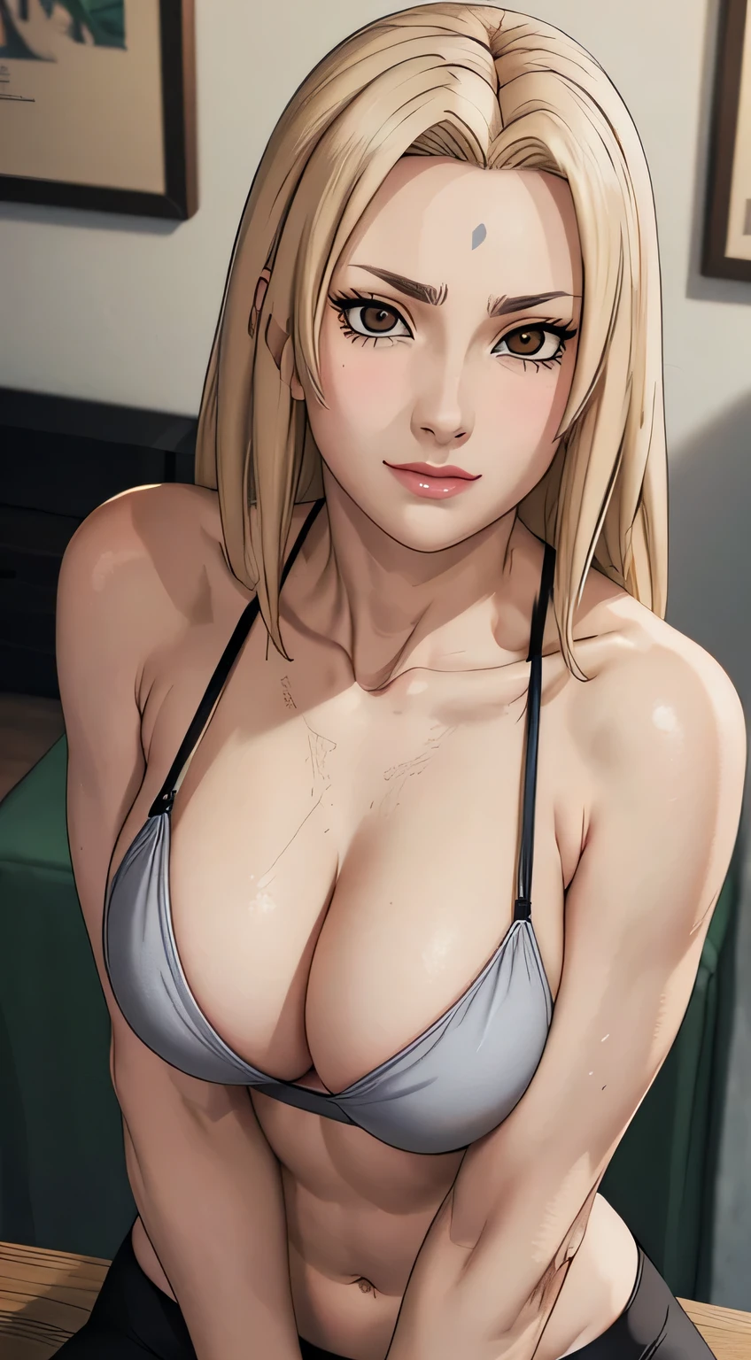 (best quality:1.3), (4k quality),(sharp image), Tsunade, ((Detailed face)), ((masterpiece face)),((perfect detailed eyes)) (blush), Tsunade, blonde hair,  blonde long  hair, brown eyes, red lips, red lips, sly face, face with stern features, ((detailed face)), perfect face, highly detailed eyes, masterpiece, absurdres , (intricate details), (colorful),cinematic lighting,extremely detailed CG unity 8k wallpaper , 1girl, solo,mature female, erected tits, fit body, white tight sport bra, black leggings, office, passion smile, (( medium round breast)), stands leaning on the table, seductive pose, 