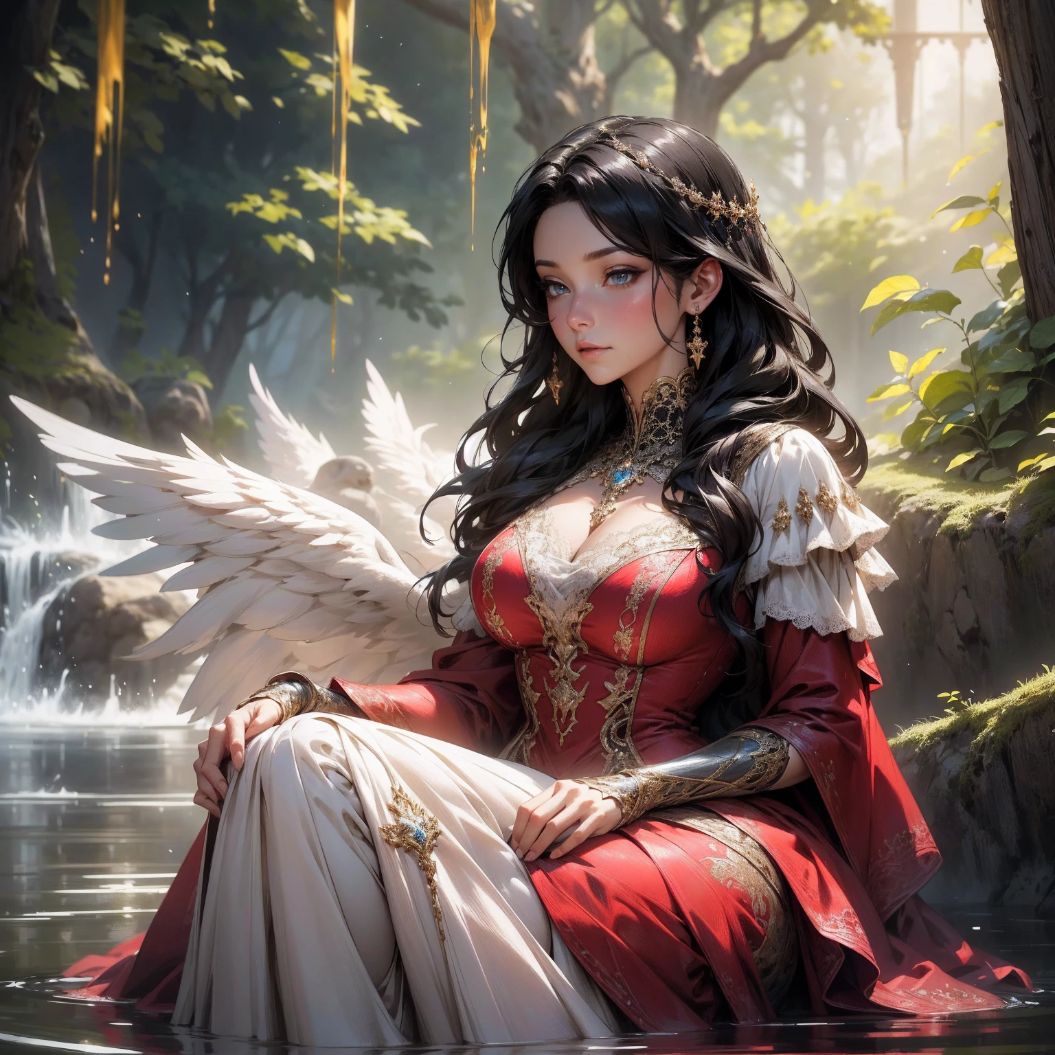 {-erro_de_anatomia:1.0}(best quality,4k,8k,highres,masterpiece:1.2), ultra-detailed, (realistic,photorealistic,photo-realistic:1.37), mature milf, illyasviel von einzbern, black hair, upper body, vibrant colors, glowing skin, mesmerizing eyes, brown eyes, elegant pose, enchanting background, delicate lace dress, red dress, surreal lighting, ethereal atmosphere, mystical aura, intricate details, artistic medium, digital illustration, fantasy, anime, sitting on the water, backwards, looking back