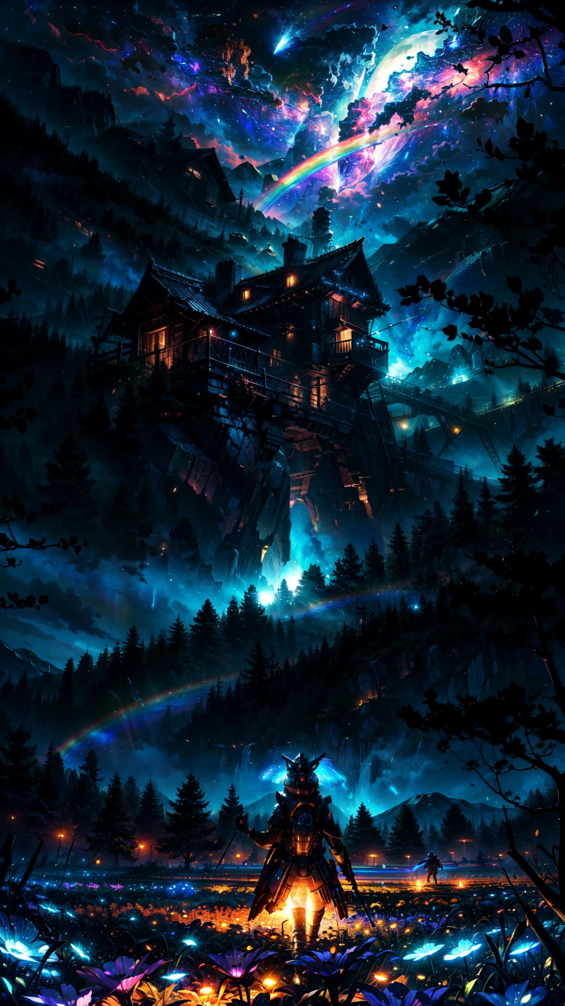 A wide landscape photo, (viewed from below, the sky is above, and the open field is below), a girl standing on a flower field looking up, (full moon: 1.2), (meteor: 0.9), (nebula: 1.3), distant mountains , Trees BREAK Crafting Art, (Warm Light: 1.2), (Firefly: 1.2), Lights, Lots of Purple and Orange, Intricate Details, Volumetric Lighting BREAK (Masterpiece: 1.2), (Best Quality), 4k, Ultra Detailed, (Dynamic Composition: 1.4), Rich in Detail and Color, (Rainbow Color: 1.2), (Glow, Atmospheric Lighting), Dreamy, Magical, (Solo: 1.2)