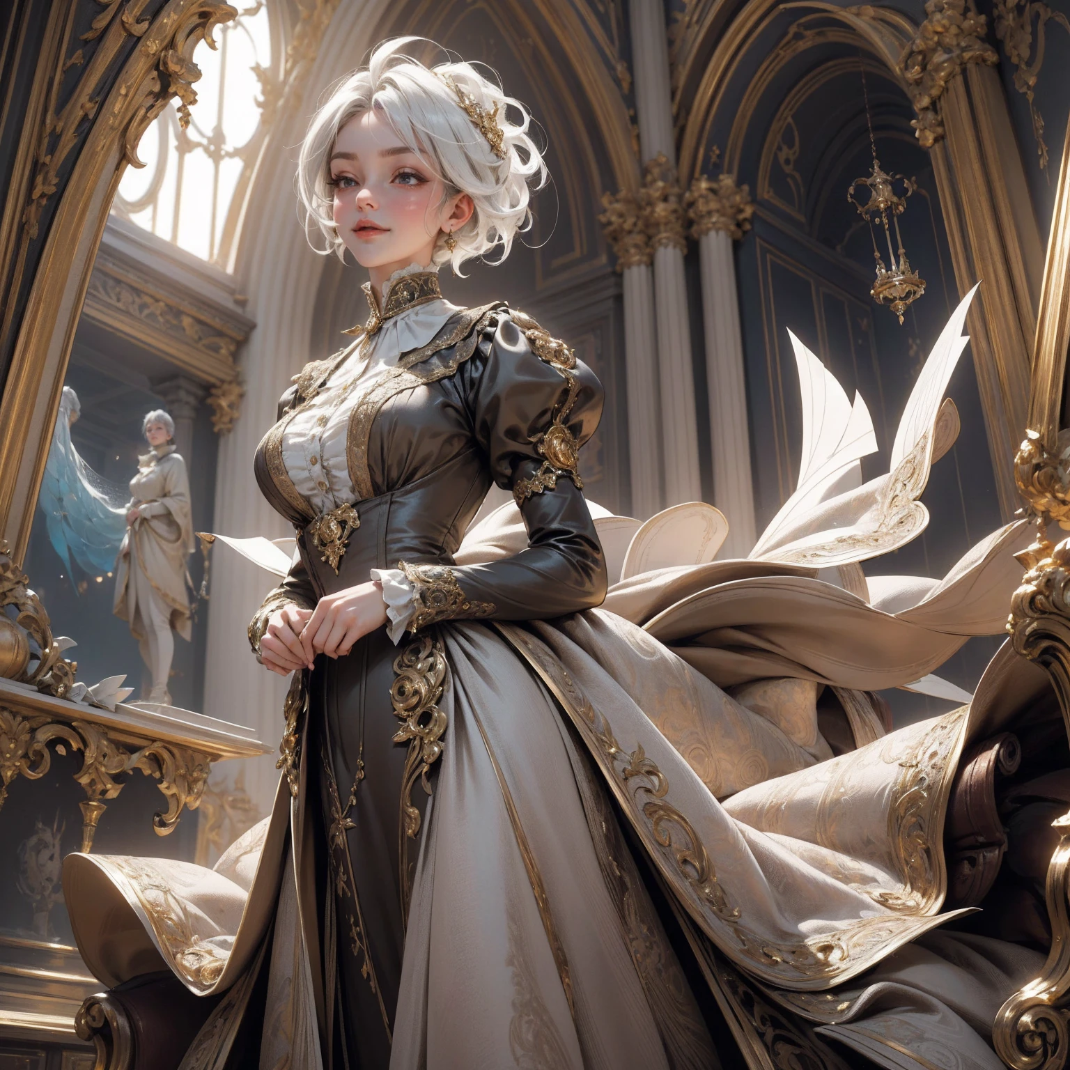 { - anatomy error}(Masterpiece - Ultra-detailed, very high resolution) Prepare to be enchanted by a true masterpiece that combines ultra-detailed art with high-resolution rendering. This work depicts a mesmerizing woman with short white hair (1.3) and captivating gray eyes (1.2), emanating an aura of elegance and mystery in Victorian settings. The intricate details and realistic textures invite you to explore every aspect of this enchanting composition. Woman wearing beautiful classic Victorian costume from the year 1878. Red lips. Happy face. Smiling. light brown (gold) dress. Walking, writing, lying down, standing, on your back, dynamic poses., upper body. dynamic poses. Get ready to dive into a world where beauty and craftsmanship merge perfectly.