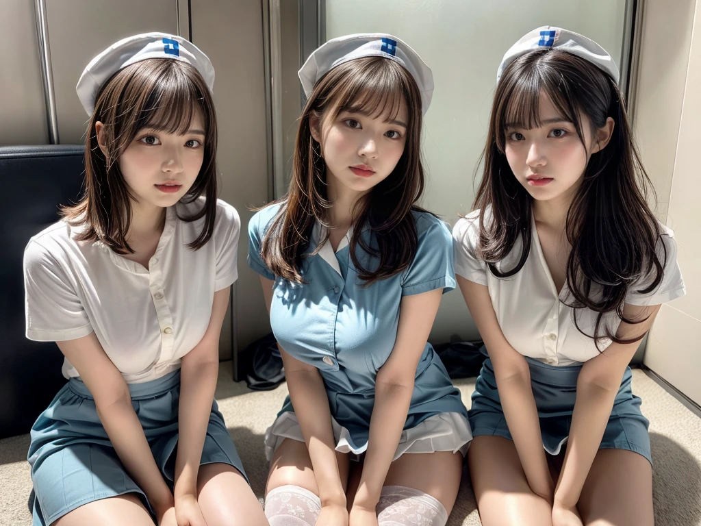 muste piece, best quality, illustration, Super detailed, fine details, High resolution, 8K,wall paper, perfect dynamic composition,(Details High quality, realistic depiction of eyes:1.3), ((2 girls)),Hospital Rooms、White nurse cap、White tights、White nurse uniform、Hand skirt、Flipping up a white skirt, large breasts,short bob hair, black hair color, Touching each other's bodies,Touching the body of the girl next door,Big Natural Color Lip, bold sexy pose, crying a little、cold gaze, 20 year old girl、beautiful legs, hposing Gravure Idol