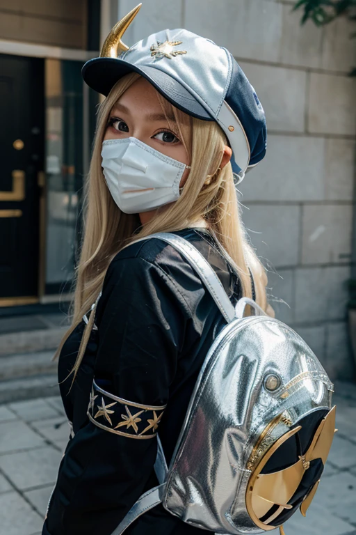 An anime girl with blonde hair, a blue hat, white and gold horns, and the hat wears silver decoration and a black mask, a black shirt, and a sun-shaped backpack.