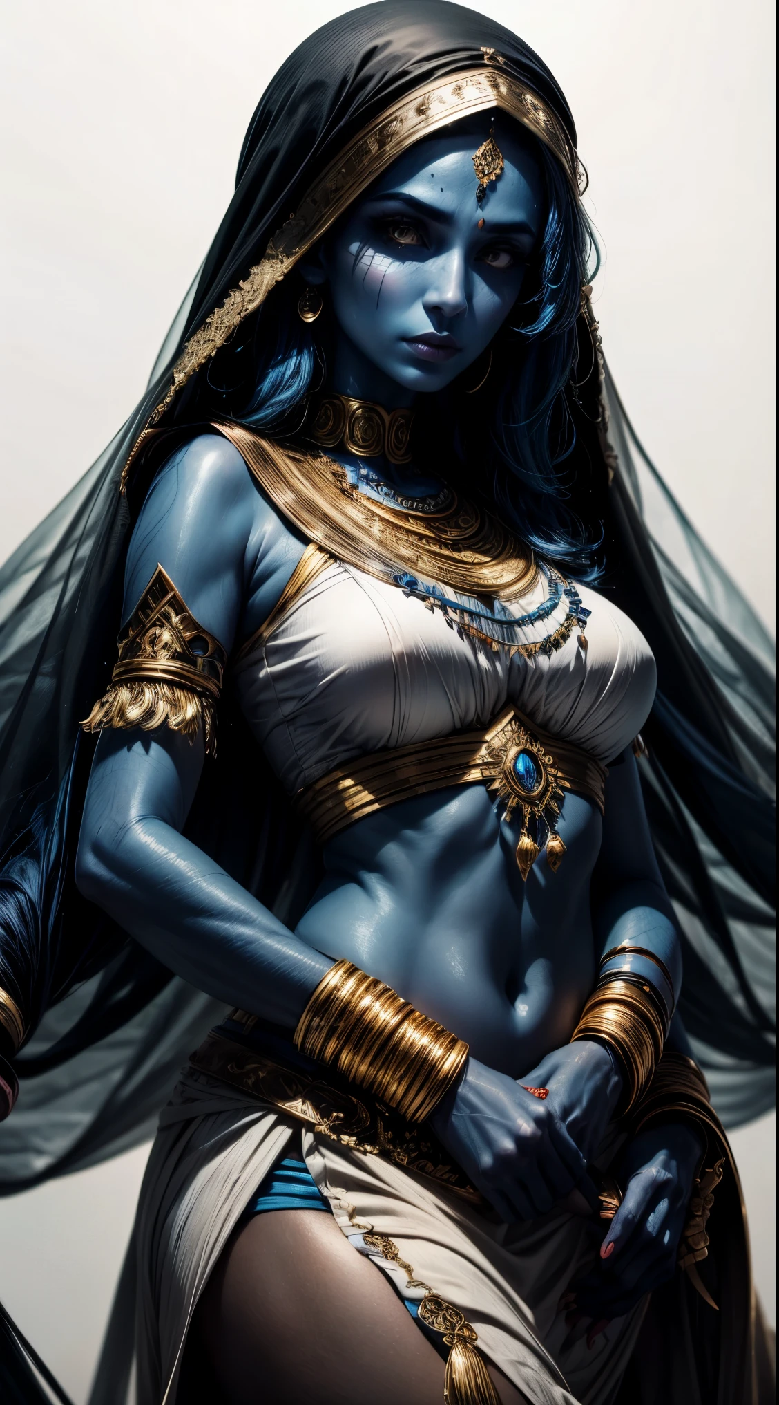 arab woman, blue skin, she has four arms, indian woman, arabian rogue white clothes, white background