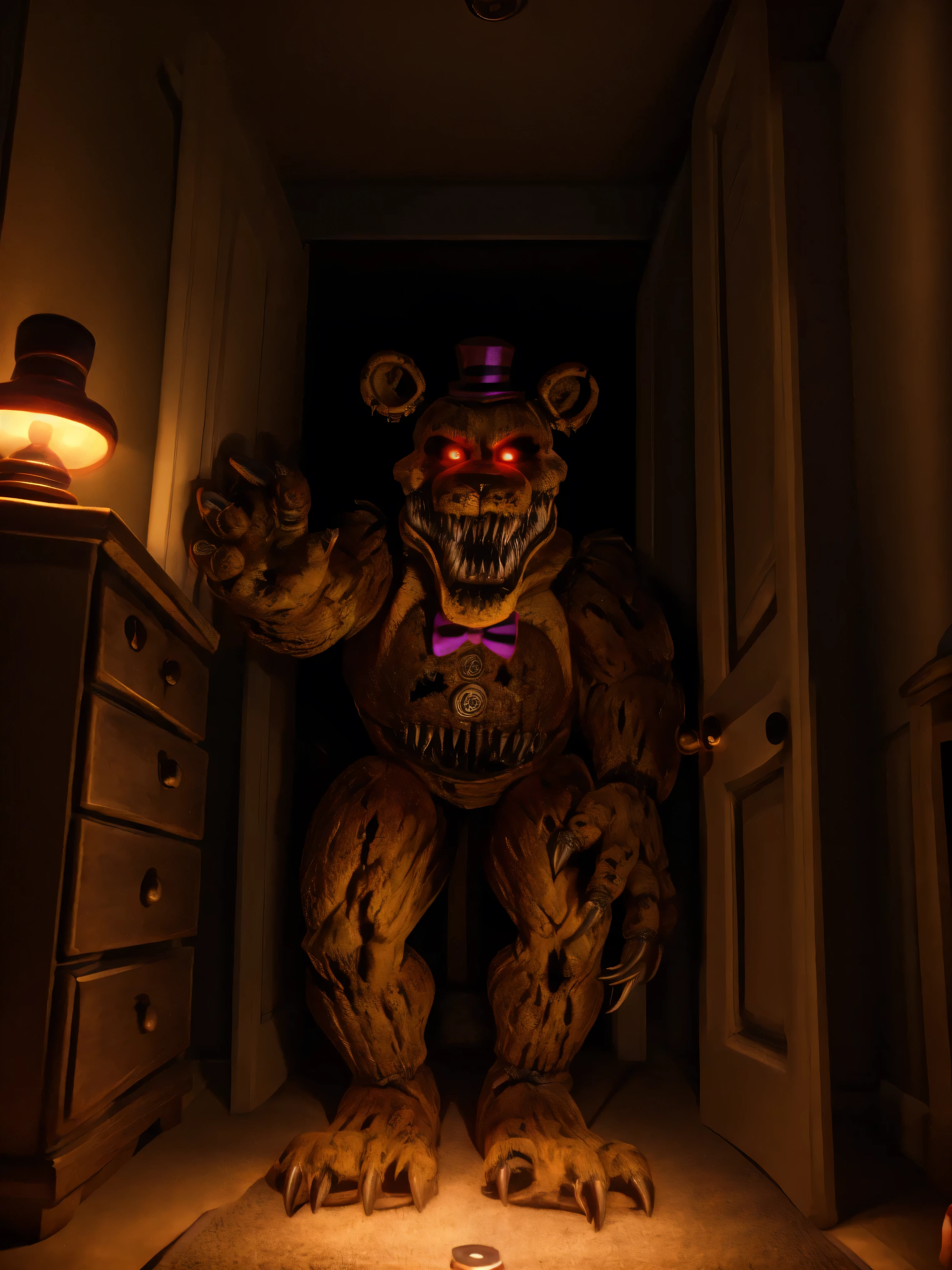 (fredmare), yellow hat, yellow bowtie, black skin, wide jawline, extra mouth, sharp teeth, 4k, hi res, 8k, detailed eyes, 8k eyes, eyes focus, red eyes, ((glowing eyes)), aggressive Red lens flare, bedroom, dresser, lamp, top, no lights, pitch black dark room, ((flashlight shining in face pov)), (reaching out), (creeping through door) hand, Masterpiece, ultra detailed, realistic, detailed, full view, ((fully body shown)), fredmare