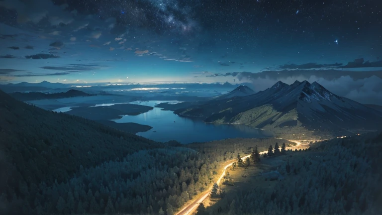 aerial view on a hill, remote uninhabited natural landscape at midnight, (midnight), (night time lighting)