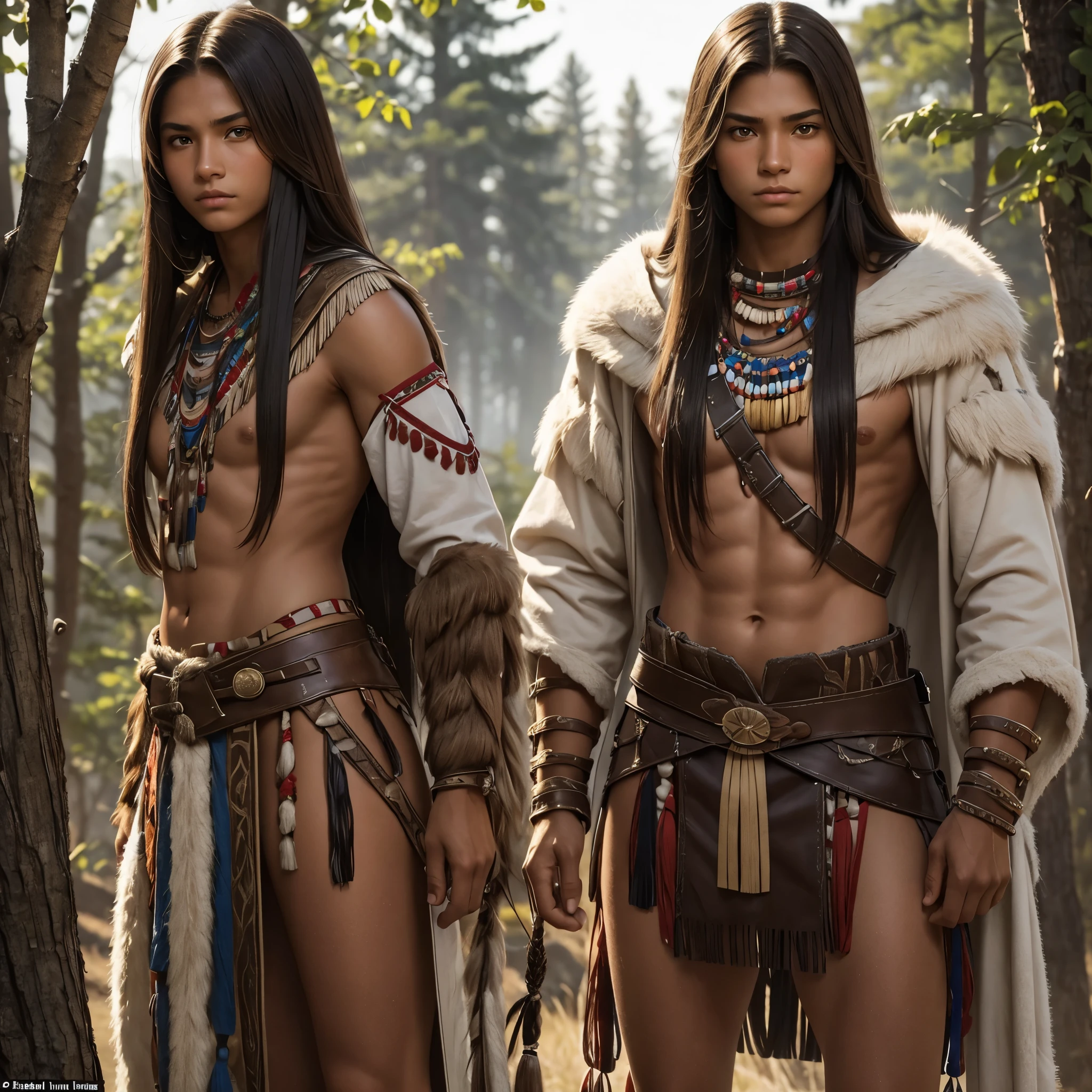 Girl Age: 18 years old - Physical Characteristics: Tall and muscular, with long, straight hair, light brown eyes and tanned skin. He dresses in practical combat clothes, adorned with animal skins. typical native american clothing  
 