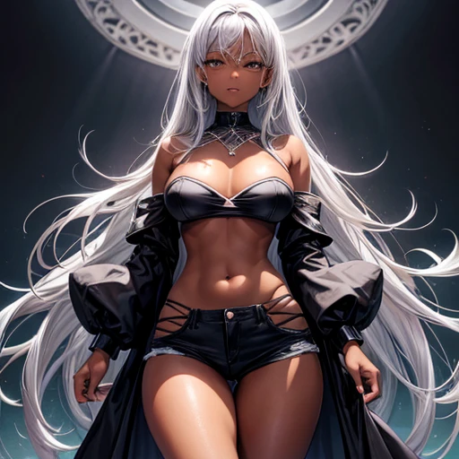 A silver-haired, dark-skinned woman in a black dress shirt and slim jeans Belly button showing Spread your legs Hair down to shoulders
