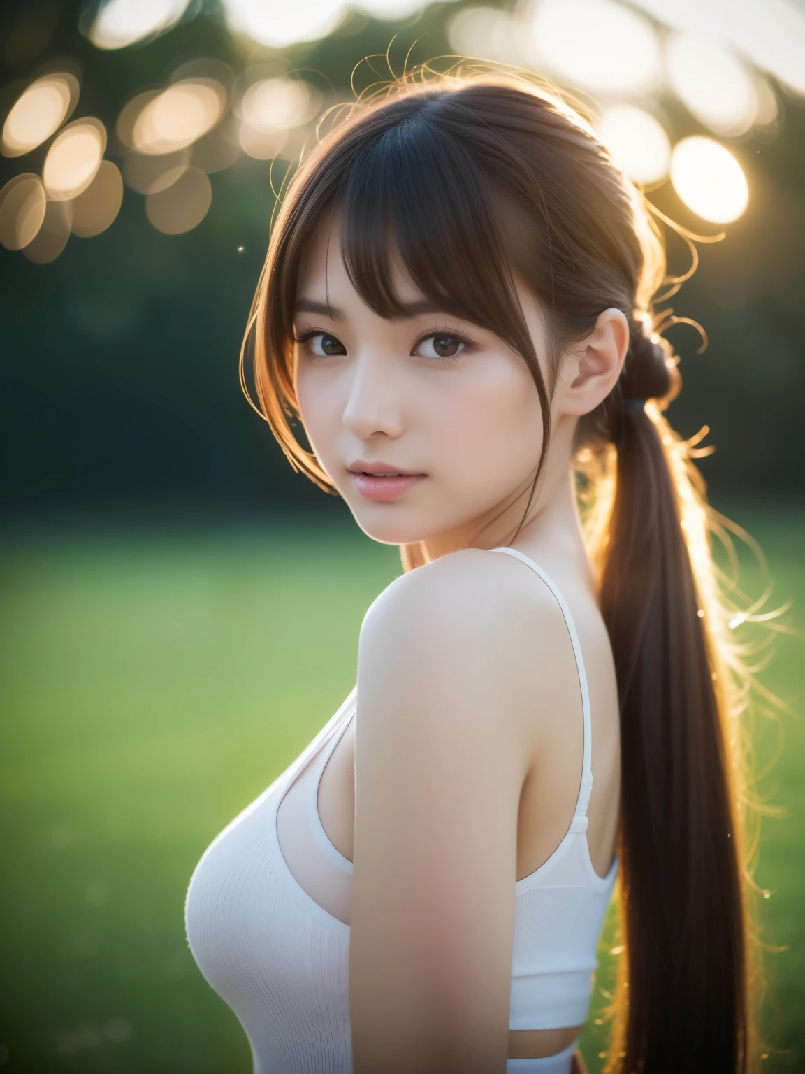 (1girll:1.0),(8K, Best Quality, tmasterpiece),ultra - detailed, adolable, solo, Cute Japan Woman,brown haired,By bangs, Long whit hair, poneyTail,beautiful and delicate eyes,Eyes speak, Moisturizes skin,Protrusions,dynamicposes,Protrusions,Squat,,profetional lighting,photon maping,Radio City,physically-based renderingt,cinmatic lighting,Athletics field,depth of fields,Clear focus,rays of sunshine,Well structured,(Bokeh:1.2) ,(full body Esbian),(Keep your mouth shut),beautiful and delicate eyes,Lewd poses,big breasts thin waist,brownish-yellow hair,dishevled hair,Long hair flutters in the wind,