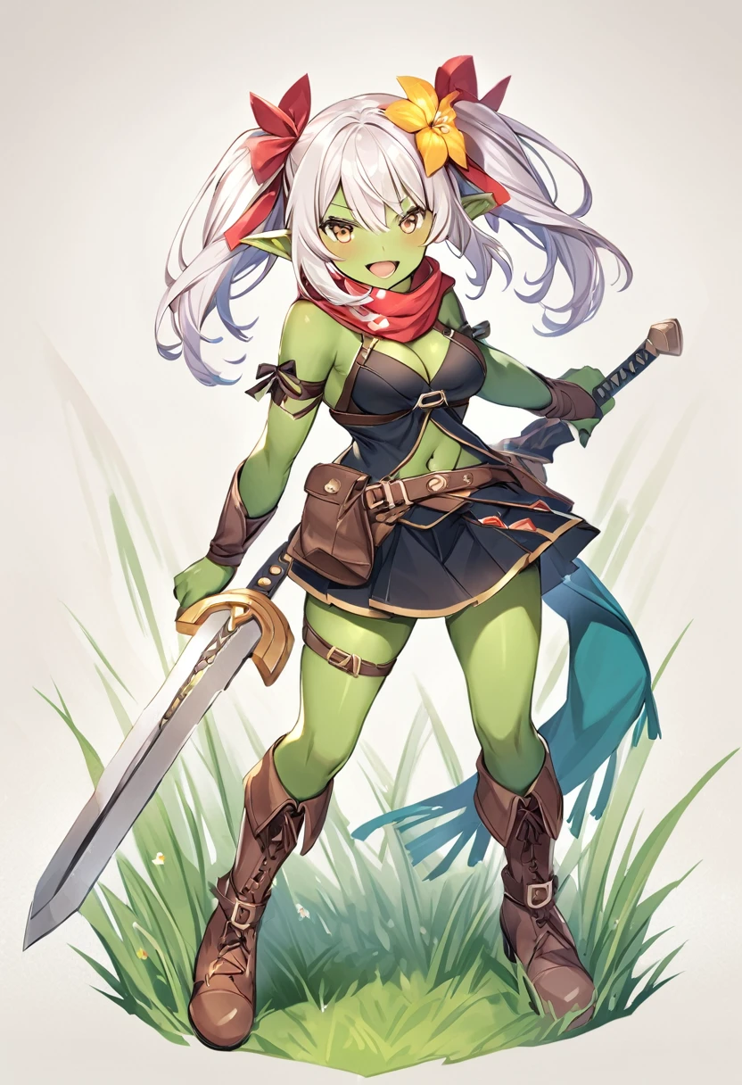 (masutepiece, Best Quality), 1girl, breasts, pointy-ears, weapon, flower, hair-ornament, cleavage, hair-flower, twintails, open-mouth, goblin girl, smile, skirt, great-sword-weapon, boots, blush, (((green-skin))), looking-at-viewer, medium-breasts, holding, standing, yellow-eyes, ribbon, holding-weapon, full-body, navel, brown-eyes, white-hair, bare-shoulders, solo, bangs, grass long-hair, jewelry, scarf, hair-ribbon, hair-between-eyes, ((short skirt)) (((great-sword)))