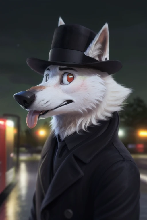 cute cartoon of a (gary \(zootopia\)) using Dor-15 bowler hat with a robotic red eye on the front, wearing black worker uniform, solo, wolf, white fur, tongue out, full body image, BREAK, industrial factory with dark green polluted sky background, (intricate, high detail, film photography, soft focus, RAW candid cinema, photorealism, realistic, photorealistic, analog style, subsurface scattering, masterpiece, best quality, ultra realistic, 8k), profile picture