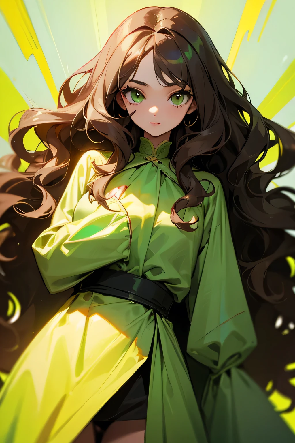 oc girl dark and wavy hair green eyes and light brunette, slim, colorful clothes (nothing too exaggerated), and no sensuality