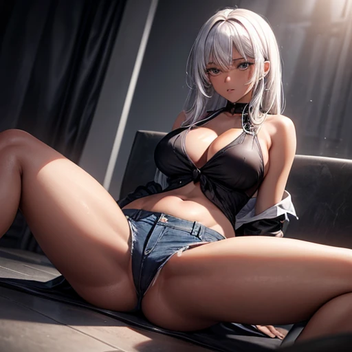 A silver-haired, dark-skinned woman in a black dress shirt and slim jeans　Belly button showing　Spread your legs　Hair down to shoulders