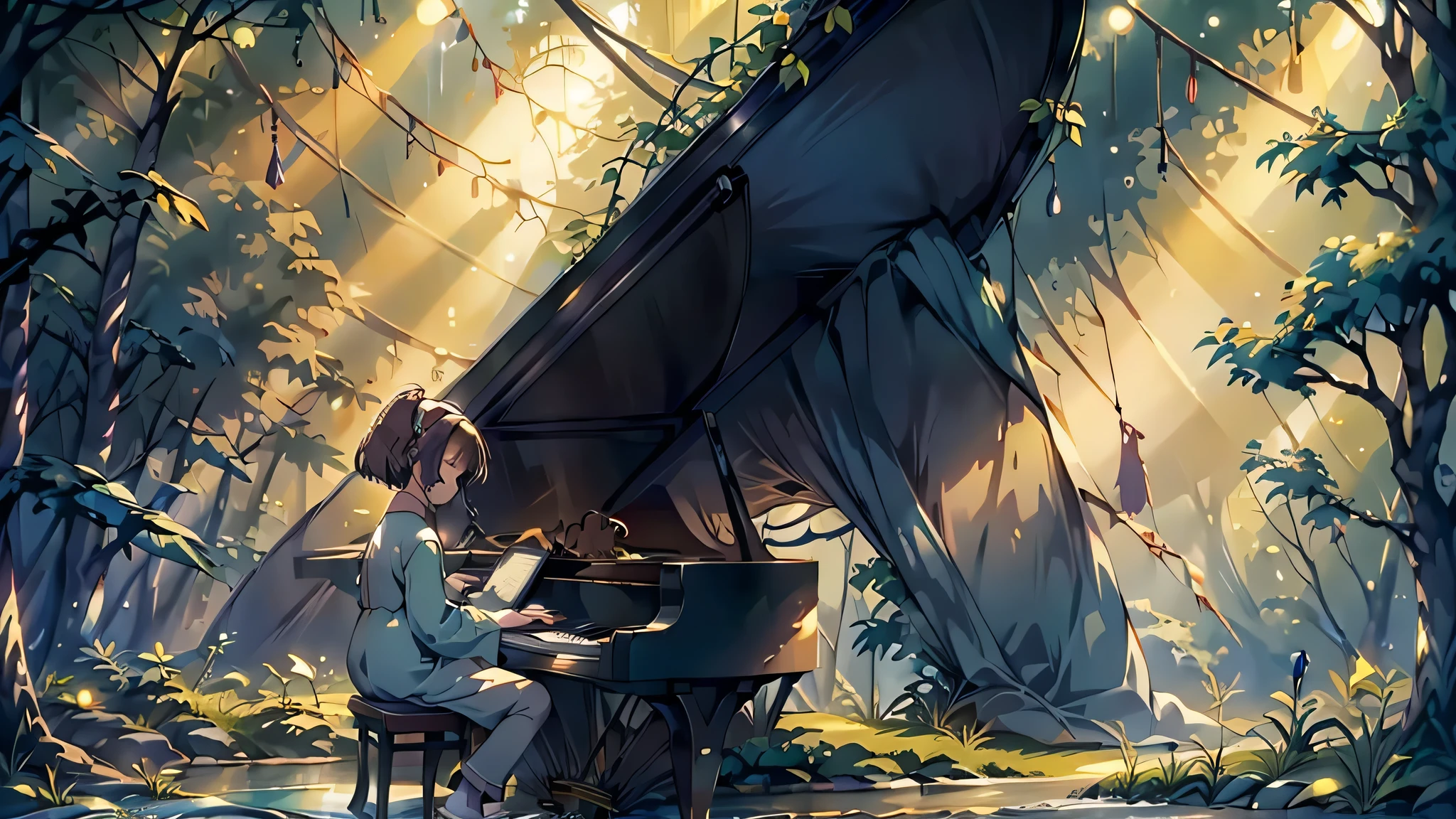 In the heart of an enchanted forest, a grand piano sits serenely on a bed of soft moss, bathed in a warm, ethereal glow. The forest is alive with magical lights, with fireflies and tiny, luminescent orbs floating gently through the air, casting a soft, shimmering radiance on everything they touch.
The pianist, seated gracefully at the piano, wears a flowing, elegant garment that blends harmoniously with the natural surroundings. As their fingers glide effortlessly over the keys, the sound of the piano fills the air with a soothing, melodic tune that resonates with the tranquil beauty of the forest.
The trees, tall and majestic, form a protective canopy overhead, their leaves rustling gently in the evening breeze. The light from the fireflies and orbs creates a mesmerizing dance of shadows and highlights, giving the entire scene a dreamlike quality. The notes of the piano rise and fall in gentle waves, weaving a spell of calm and enchantment.
The music, both haunting and beautiful, seems to be in perfect harmony with the natural sounds of the forest – the distant call of an owl, the gentle rustling of leaves, and the soft murmur of a nearby stream. This enchanted forest, illuminated by magical lights and filled with the serene melodies of the piano, becomes a haven of peace and tranquility, inviting all who hear the music to pause, breathe, and lose themselves in its otherworldly beauty.
