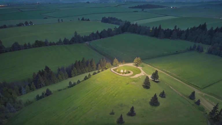 top-down aerial view on a hill with tall grass, remote, uninhabited, (midnight), (night time lighting)