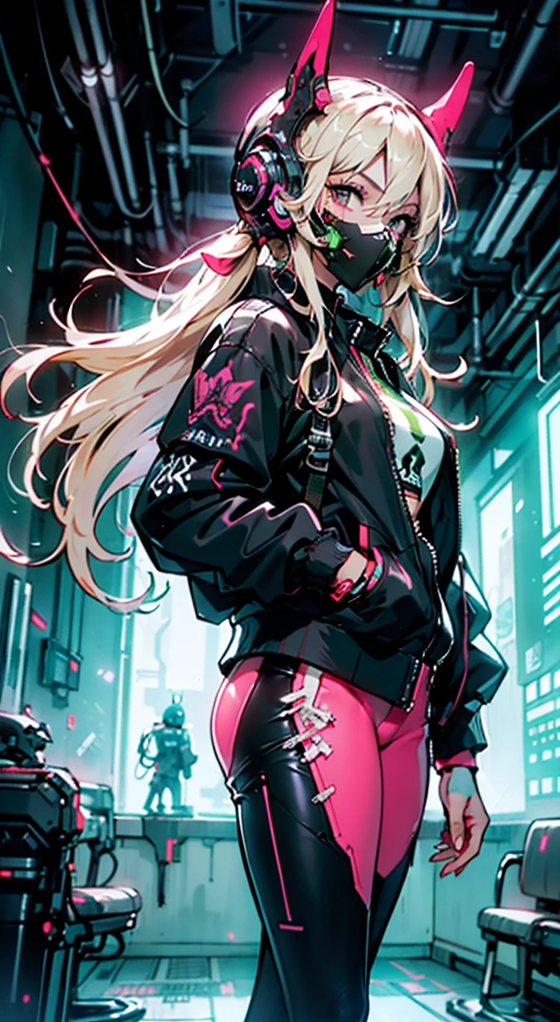 8K,Ultra Detail,ultra-quality,ultra precision,ultimate masterpiece,cutie Girl,big ,big Thigh,bomber jacket,long leather pants,long twin tail(blond)(innercolor of pink),cool Graffiti on the wall,Cyber punk mask,Theme of Cyber Punk,smile,view side,