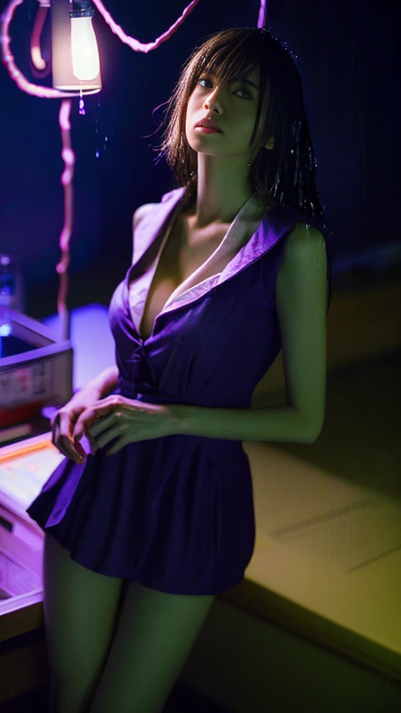 highest quality、masterpiece、超A high resolution、(Photorealistic:1.4)、Detailed CG image quality、1 girl、(Sad expression:1.4)13 years, Black Hair、Glowing Skin、1 Mechanical Girl、((Ultra-Realistic Details))、Portrait、Global Illumination、Shadow、Octane Rendering、8k、Super sharp、(Small breasts)、Bare skin exposed in the cleavage、(Hard erection:1.4), Metal、( Look up:1.4), (Wet :1.2), (Robotic hands grab my breasts), Intricate decorative detailore about Japan、Very intricate details、Realistic Light、CGSoation Trend、Purple eyes、Shining Eyes、To the camera、Neon detailed mechanical limbs、Rawhide exposed on the back、Attaching a mechanical cervical vertebra to the neck、running、Wires and cables connected to the head、Gundam、Small LED Lamp、Cyberpunk City, Purple lighting,