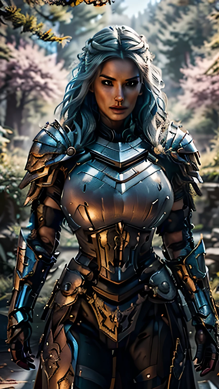 8K,asgard female warrior with very big breasts,Super beautiful(like the real thing),black very large chest armor,realistic skin,luxury black pants,Has a large, long black spear,sexy,muscular slim body,ripped abs,black shoulder armor,black waist armor,black leg armor,desert, rich colors, Backlight, cinematic lighting, film grain, RAW, 50mm lens,nikon D850,ultra high resolution,Super realistic,goddess,battle scene,action scene,action pose,shine a light on the face, long wavy blue hair, the Witcher, the Witcher armor, yennefer, running in the forest