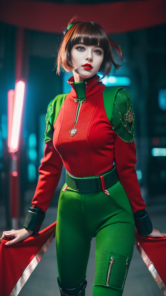 masterpiece,highest quality,High resolution,8k,(Portrait Photography:1.5),(Original photo),Actual photo,Digital photography,(A combination of cyberpunk and fantasy style),(Female Soldier),20-year-old girl,Random Hairstyles,With bangs,(Red eyeball, accessories,Red Lip,(He frowned.,sneer),(A combination of cyberpunk and fantasy style clothing,Openwork design,joint armor,Police uniform,Red clothes,green),exposes the navel,Photo pose,Realistic Style,Thunder and lightning on a rainy day,(The magic of lightning),oc rendering reflection texture