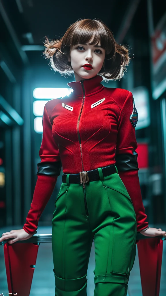 masterpiece,highest quality,High resolution,8k,(Portrait Photography:1.5),(Original photo),Actual photo,Digital photography,(A combination of cyberpunk and fantasy style),(Female Soldier),20-year-old girl,Random Hairstyles,With bangs,(Red eyeball, accessories,Red Lip,(He frowned.,sneer),(A combination of cyberpunk and fantasy style clothing,Openwork design,joint armor,Police uniform,Red clothes,green),exposes the navel,Photo pose,Realistic Style,Thunder and lightning on a rainy day,(The magic of lightning),oc rendering reflection texture