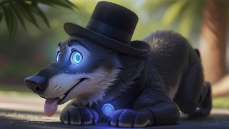 cute cartoon of a (gary \(zootopia\)) solo, wolf, gray fur, tongue out, hypnotized with completely spyral glowing blue eyes with no irises or pupils, techno collar with a red light, Dor-15 bowler hat with a robotic red eye on the front, naked, big paws, marching on all fours, BREAK, jungle background, (intricate, high detail, film photography, soft focus, RAW candid cinema, photorealism, realistic, photorealistic, analog style, subsurface scattering, masterpiece, best quality, ultra realistic, 8k), profile picture