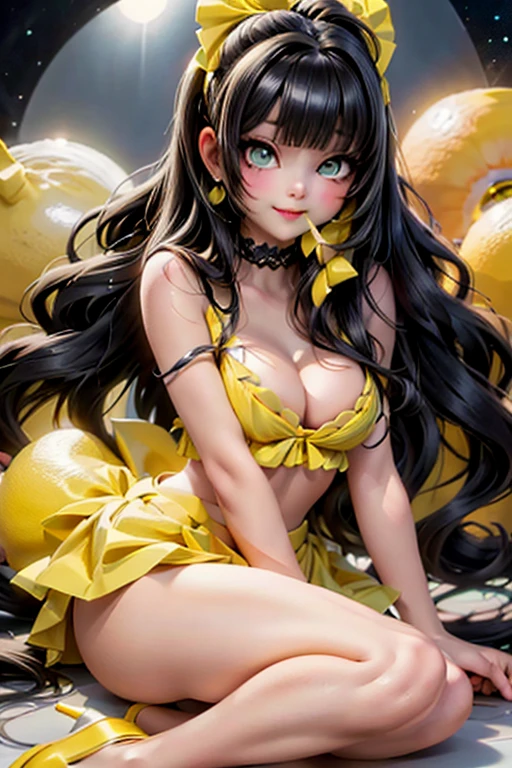 a cute girl ((eating lemon)), ((lemon eating)), (green) eyes, ((green)) eyeshadow makeup, (glam makeup), red lips, (black hair), very large hair, fashion runway hairstyle, lemon hairbow, lemon earrings, earrings with the shape of lemon, green (choke), (green) strapless crop shirt, (puffy) skirt, white nylons, ((green)) pumps, ((pumps)), (ankle strap), (slouching), lemon kingdom at night, night scene.
