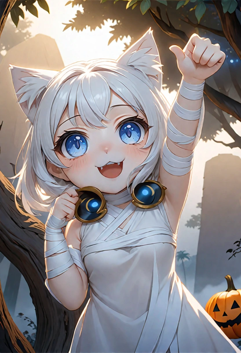 cat girl, chibi, wrapped in bandages, bandages on hands, bandages on the face, black hair, blue eyes, mummy, reaches for the sign, which hangs on the ebony tree, scary tree, tree is curved, tree with eyes, Halloween, Rendering, Anime background art, winner of the pixiv competition, Anime girl with cat ears cute!! chibi!!! cat girl, милый anime cat girl, with index finger, Nekomimi, anime cat girl!, cat girl, chemonomics, run, furry фураффинность, masterpiece, top quality, Best quality, official art, Beautiful and aesthetically pleasing:1.2), 2D, (Best quality, masterpiece), anime, (very detailed face), (very detailed eyes), fog, pyramids, lightning, Ideal lighting, wrapped in bandages, (very white skin)