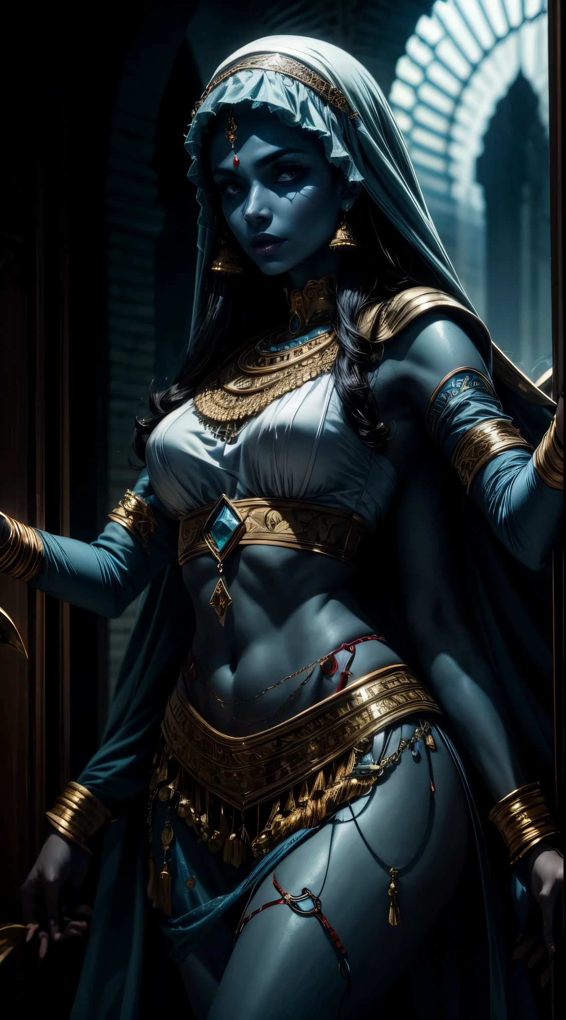 arab woman, blue skin, she has four arms, indian woman, arabian rogue white clothes