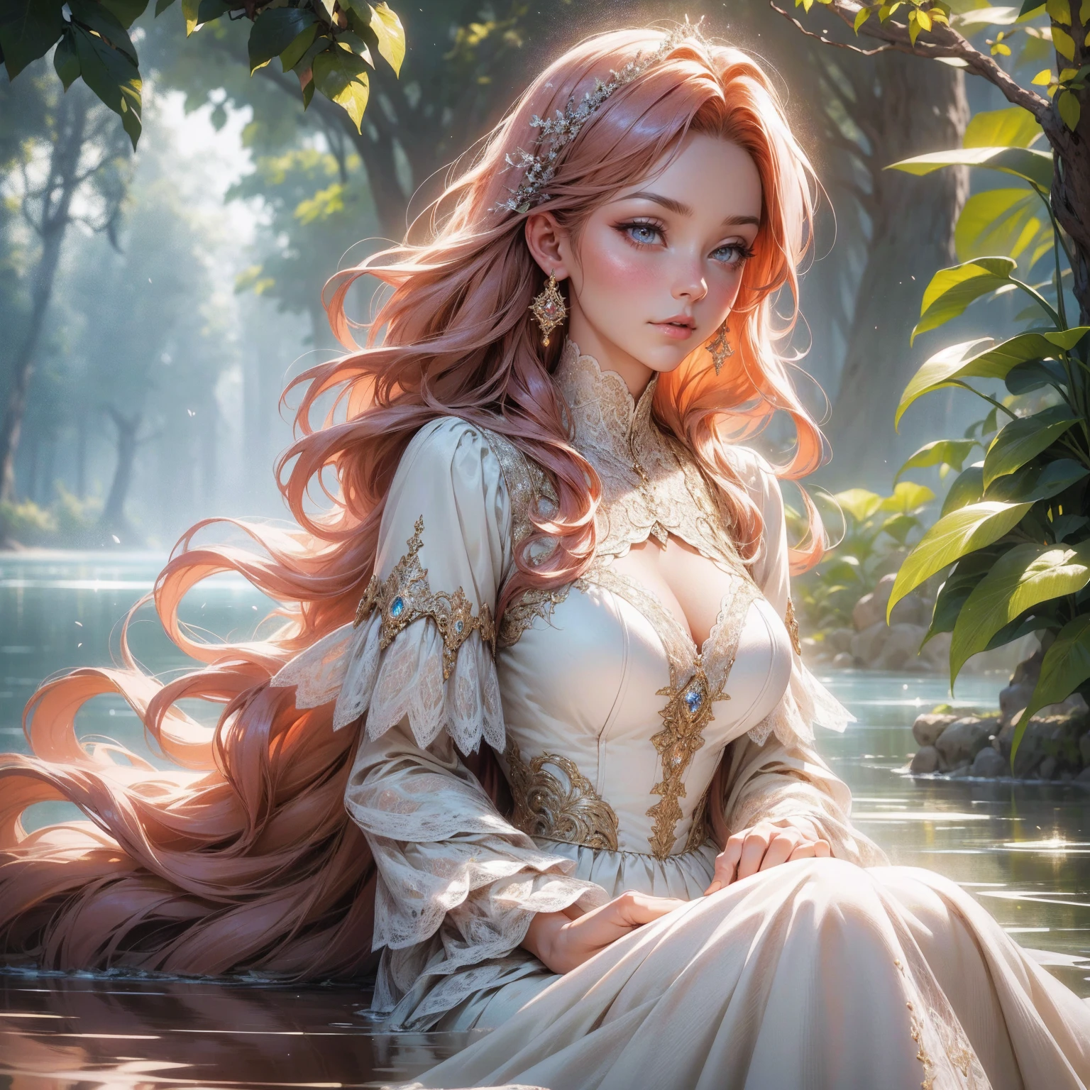 {-erro_de_anatomia:1.0}(best quality,4k,8k,highres,masterpiece:1.2), ultra-detailed, (realistic,photorealistic,photo-realistic:1.37), mature milf, illyasviel von einzbern, redhead hair, upper body, vibrant colors, glowing skin, mesmerizing eyes, brown eyes, elegant pose, enchanting background, delicate lace dress, surreal lighting, ethereal atmosphere, mystical aura, intricate details, artistic medium, digital illustration, fantasy, anime, sitting on the water, backwards, looking back