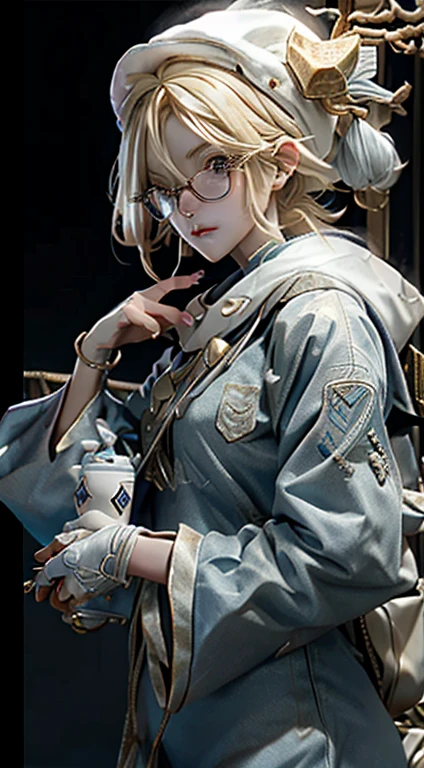 1.4), 3d, RTX, with blonde hair, a blue hat with silver decoration, white horns with gold, black shirt, a black mask, glasses and a sun-shaped backpack, anime girl