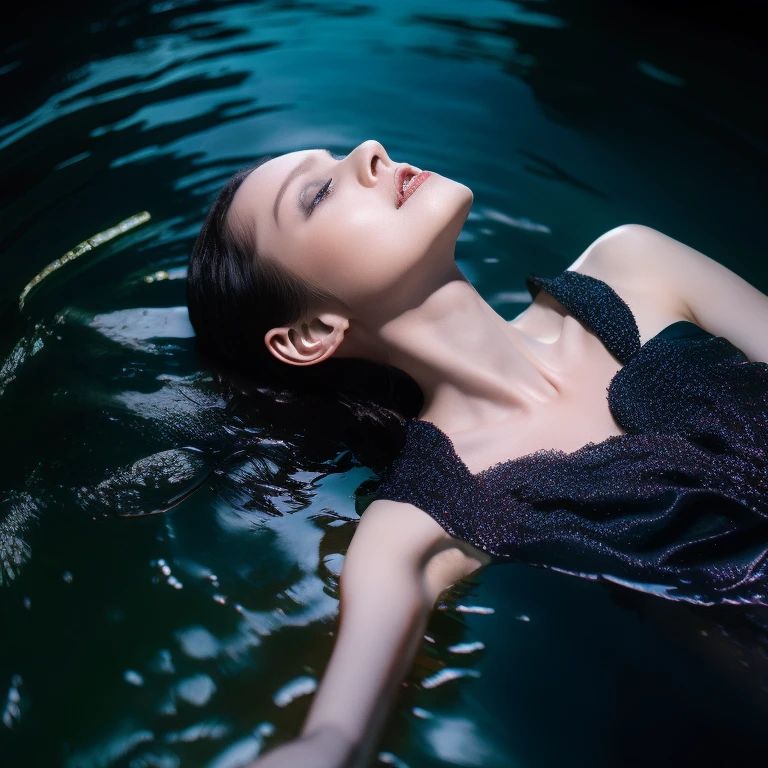 detailed portrait of a beautiful woman, dead body lying in bloody water, gothic horror, dark moody atmosphere, dramatic lighting, highly detailed, photorealistic, 8k, masterpiece, ultra-detailed, dramatic, dark fantasy, moody, cinematic, chiaroscuro lighting, dramatic shadows, red and blue color tones, deathly pale skin, sunken eyes, serene expression, long wet hair, flowing dress, body partially submerged, blood in the water, dramatic atmosphere, photorealistic, hyper-detailed, high-quality, award-winning art