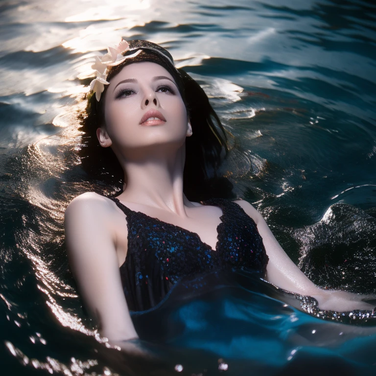 detailed portrait of a beautiful woman, dead body lying in bloody water, gothic horror, dark moody atmosphere, dramatic lighting, highly detailed, photorealistic, 8k, masterpiece, ultra-detailed, dramatic, dark fantasy, moody, cinematic, chiaroscuro lighting, dramatic shadows, red and blue color tones, deathly pale skin, sunken eyes, serene expression, long wet hair, flowing dress, body partially submerged, blood in the water, dramatic atmosphere, photorealistic, hyper-detailed, high-quality, award-winning art