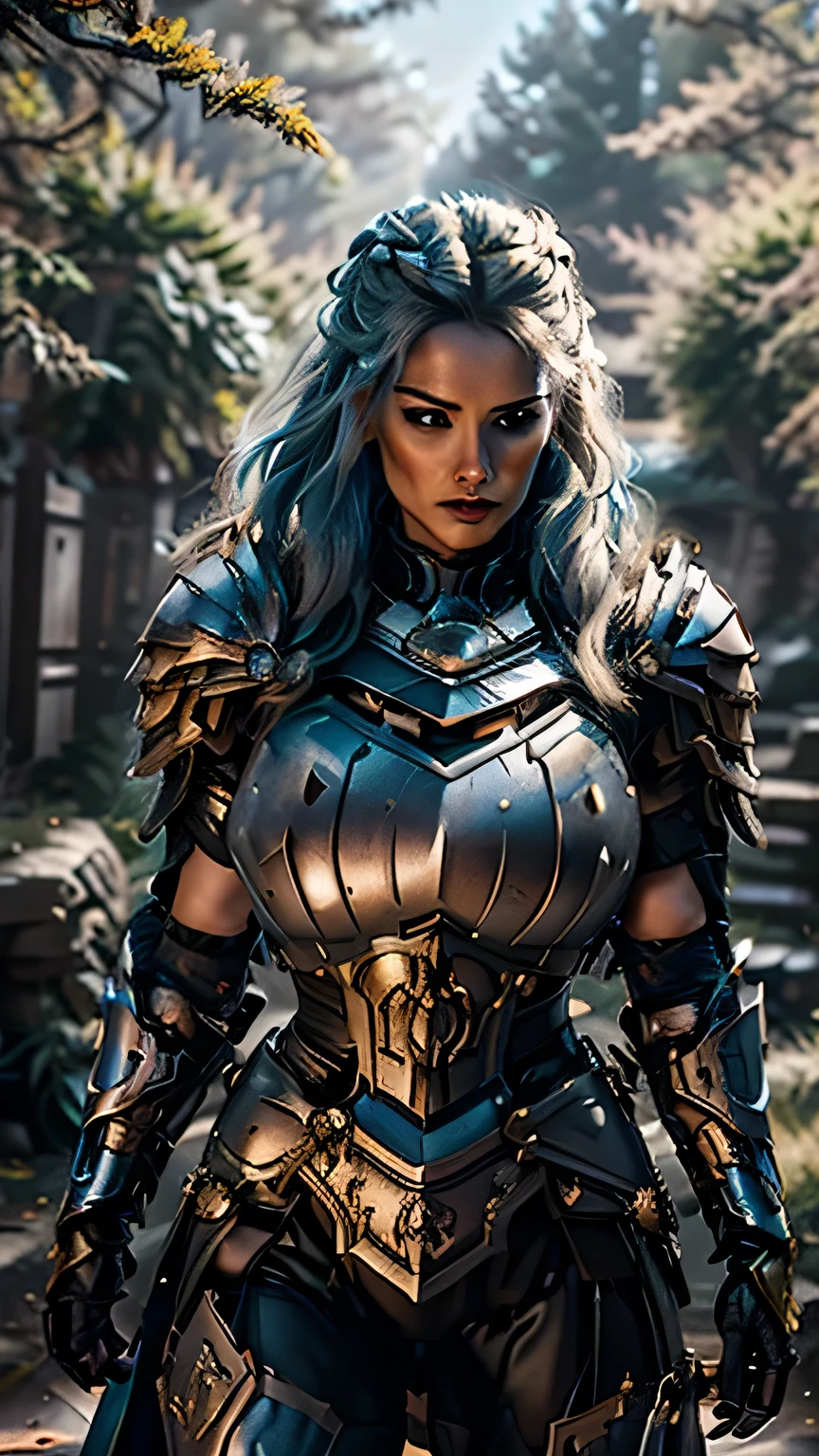 8K,asgard female warrior with very big breasts,Super beautiful(like the real thing),black very large chest armor,realistic skin,luxury black pants,Has a large, long black spear,sexy,muscular slim body,ripped abs,black shoulder armor,black waist armor,black leg armor,desert, rich colors, Backlight, cinematic lighting, film grain, RAW, 50mm lens,nikon　D850,ultra high resolution,Super realistic,goddess,battle scene,action scene,action pose,shine a light on the face, long wavy blue hair, the Witcher, the Witcher armor, yennefer, running in the forest 