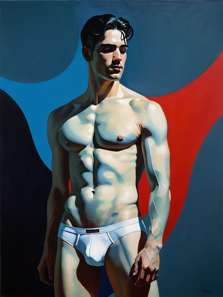 chiaroscuro technique on sensual illustration of an arafed man in white underwear, sexy masculine, diego fazio, male model, by Ludovit Fulla, model with attractive body, inspired by Ludovit Fulla, mid-shot of a hunky, the model draped in flowing, thick oil painting by Harumi Hironaka, extremely soft colors, vibrant, highly detailed, malcolm liepke painting, oil on canvas, high contrast, dramatic, refined, tonal, Create high contrast between light and shadow by Leon Polk Smith, memphis abstract minimal art, graphic shapes, minimal art, blue and red, minimal art style, bauhaus art, inspired by El Lissitzky, bold simple shapes, shadow