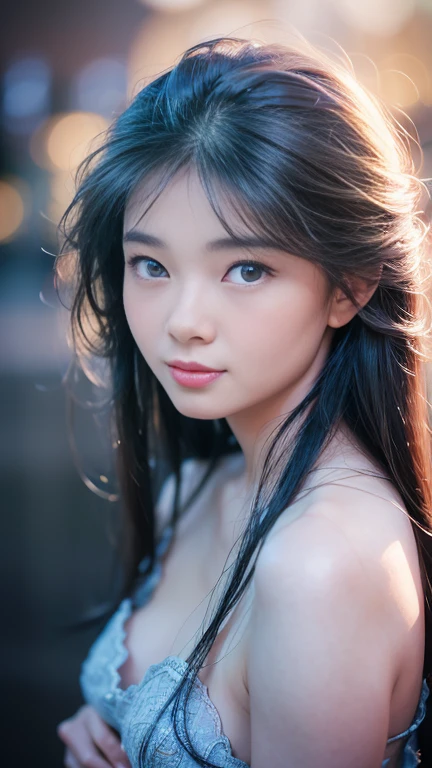 Gentle portrait of a beautiful Asian woman, flowing  hair, captivating blue eyes, delicate features, radiant smile, natural makeup, elegantly dressed, gentle expression, slight blush, warm skin tones, fantastic lighting, soft shadows, high-resolution digital painting, realistic style, artistic interpretation, by a skilled portraitist.