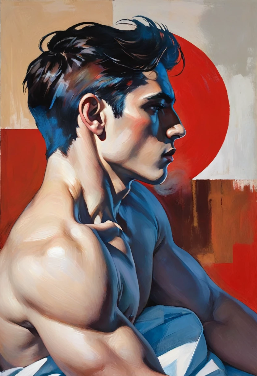 chiaroscuro technique on sensual illustration of an arafed man in white underwear, sexy masculine, diego fazio, male model, by Ludovit Fulla, model with attractive body, inspired by Ludovit Fulla, mid-shot of a hunky, the model draped in flowing, thick oil painting by Harumi Hironaka, extremely soft colors, vibrant, highly detailed, malcolm liepke painting, oil on canvas, high contrast, dramatic, refined, tonal, Create high contrast between light and shadow fire around, there is a red circle on a blue and red square, inspired by Bauhaus, in a shapes background, brown red blue, circle forms, red blue, by Leon Polk Smith, memphis abstract minimal art, graphic shapes, minimal art, blue and red, minimal art style, bauhaus art, inspired by El Lissitzky, bold simple shapes