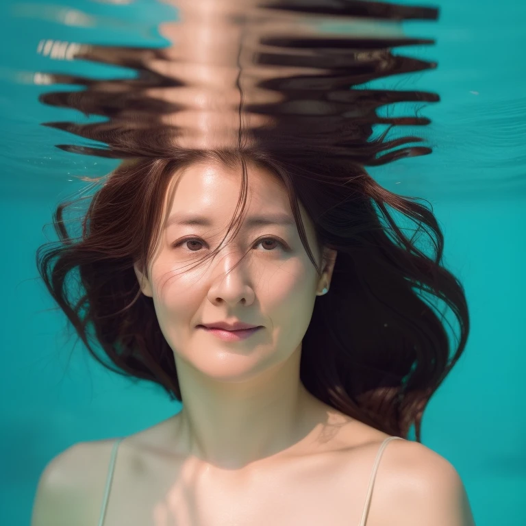 (RAW photo, Best quality), (Realistic, photo-realistic:1.2),High quality,  Lee Young-ae, 1girll,delicated face，Evening dress，Under water