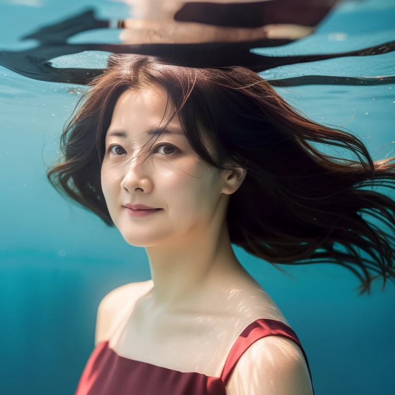 (RAW photo, Best quality), (Realistic, photo-realistic:1.2),High quality,  Lee Young-ae, 1girll,delicated face，Evening dress，Under water
